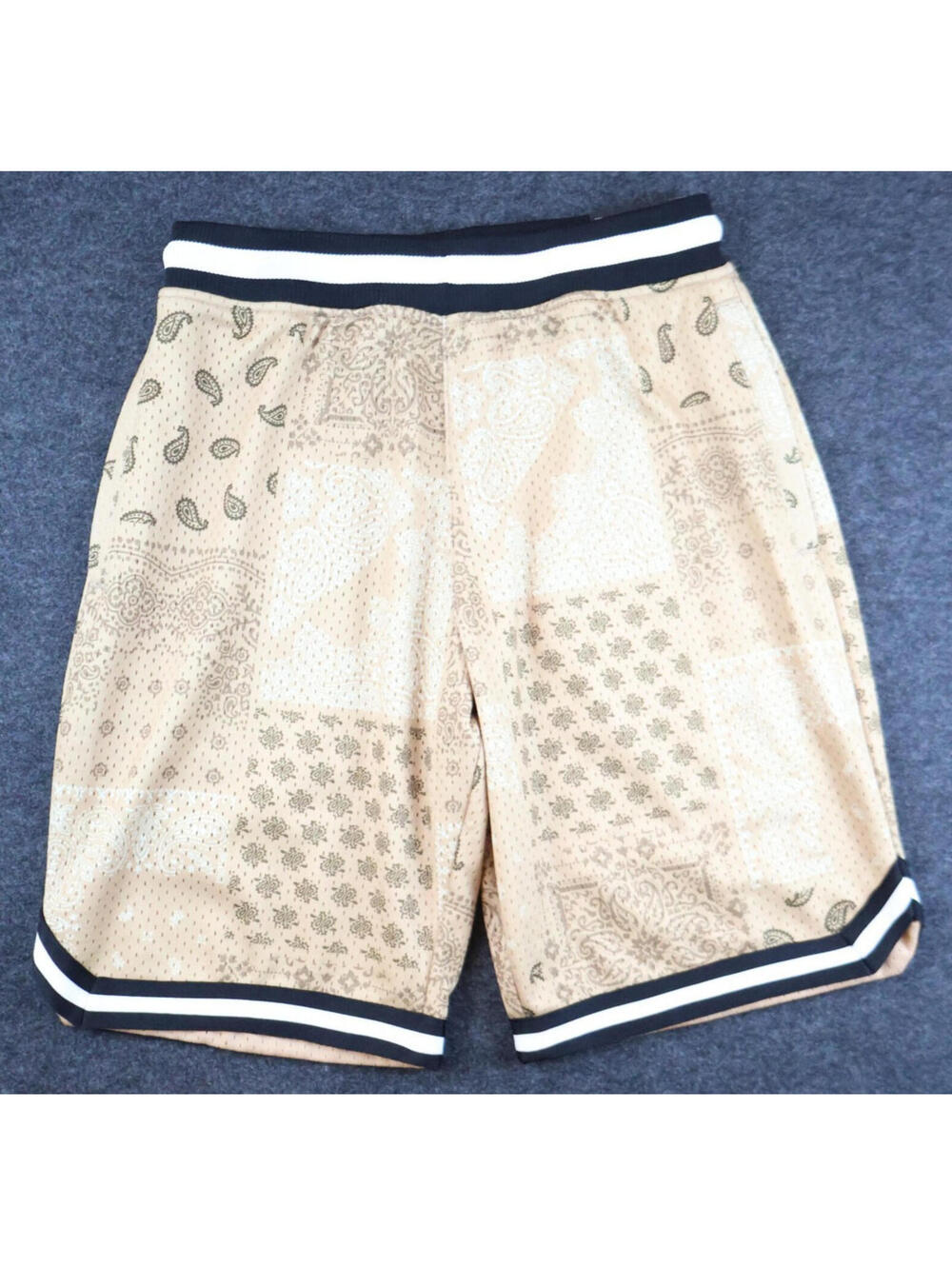 CSG Patchwork Paisley Athletic Shorts Mens Medium Tan Streetwear 10” Inseam NWT